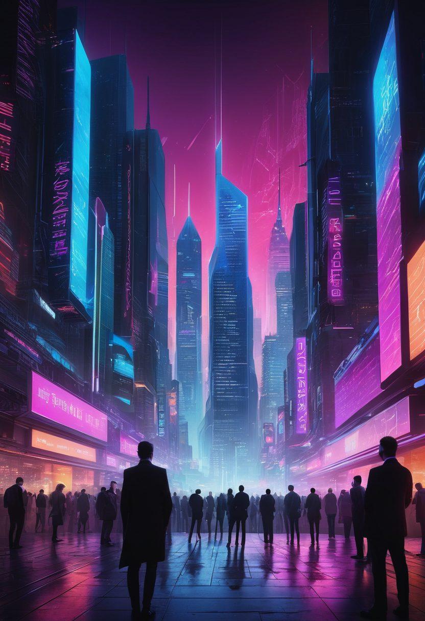 A visually striking digital landscape featuring a futuristic city skyline made up of glowing skyscrapers with digital screens displaying data and news headlines. In the foreground, a diverse group of professionals are engaged in discussions, reviewing digital tablets and holograms. The scene should convey a sense of innovation and forward-thinking in the realm of digital content. Incorporate elements like flowing neon light and abstract graphs to symbolize insights and analytics. super-realistic. vibrant colors. cyberpunk.