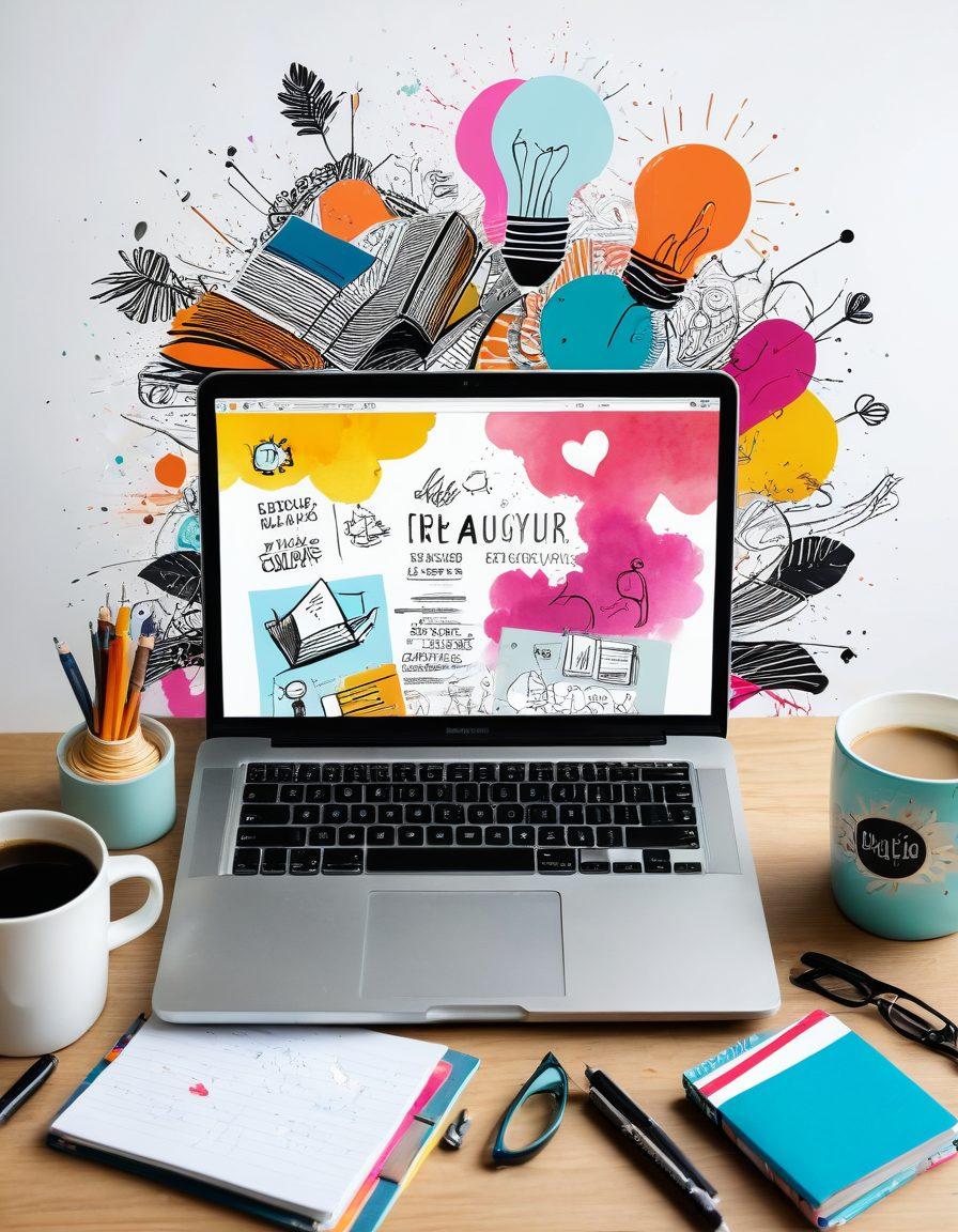 A captivating collage depicting an open laptop with vibrant blog designs, notebooks filled with creative notes, a steaming cup of coffee, and a light bulb symbolizing ideas, all set against a background of abstract creativity elements like paint splashes and sketches. Super-realistic. Vibrant colors. White background.