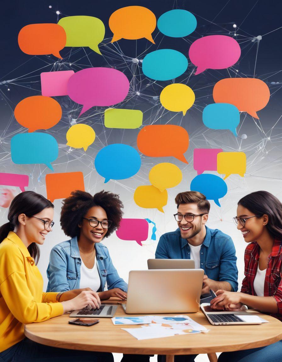 A vibrant digital collage showcasing a diverse group of aspiring bloggers actively engaged in sharing ideas and resources online. Include elements like laptops, inspirational notes, and colorful speech bubbles to represent communication. The background should feature a lively virtual network connecting people worldwide, symbolizing community and collaboration. super-realistic. bright colors. modern design.